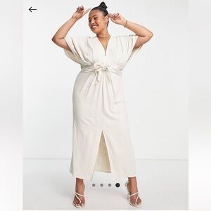 ASOS Design Curve Batwing Tie Front Linen Midi Dress in Natural